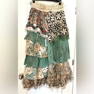 Bohemian Tiered Wide-Leg Skirt Pant in Teal, Green, Pink, and Cream